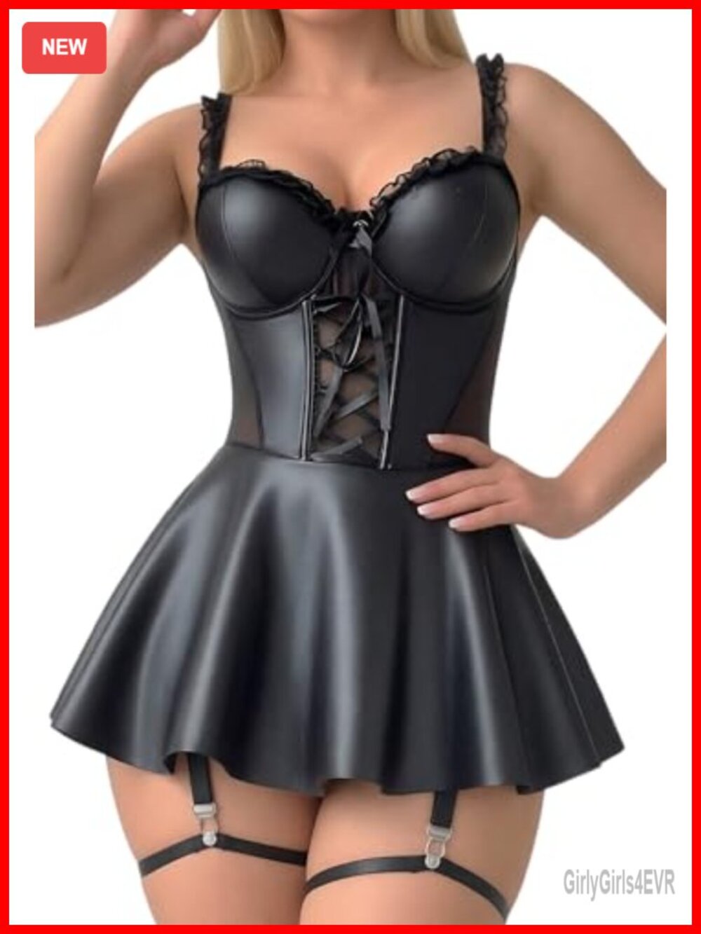 PU Leather Mini Dress Sleeveless V Neck Lace Up Babydoll Lingerie Set